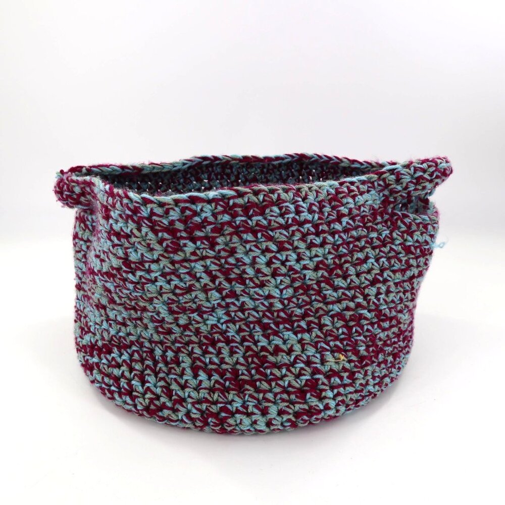 Handmade Knit Basket Bag With Handles Burgundy‎ Teal Yarn Boho Granny Cottage